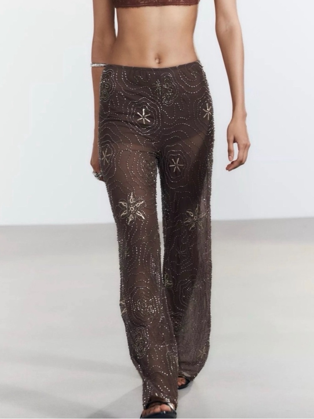 Zara Beaded Sequin Pants - Chocolate Size S